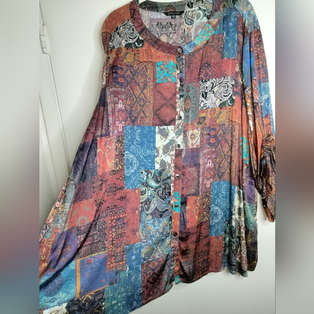 John Mark (Sz 2x) Multicolor Patchwork Button Dow… - image 3